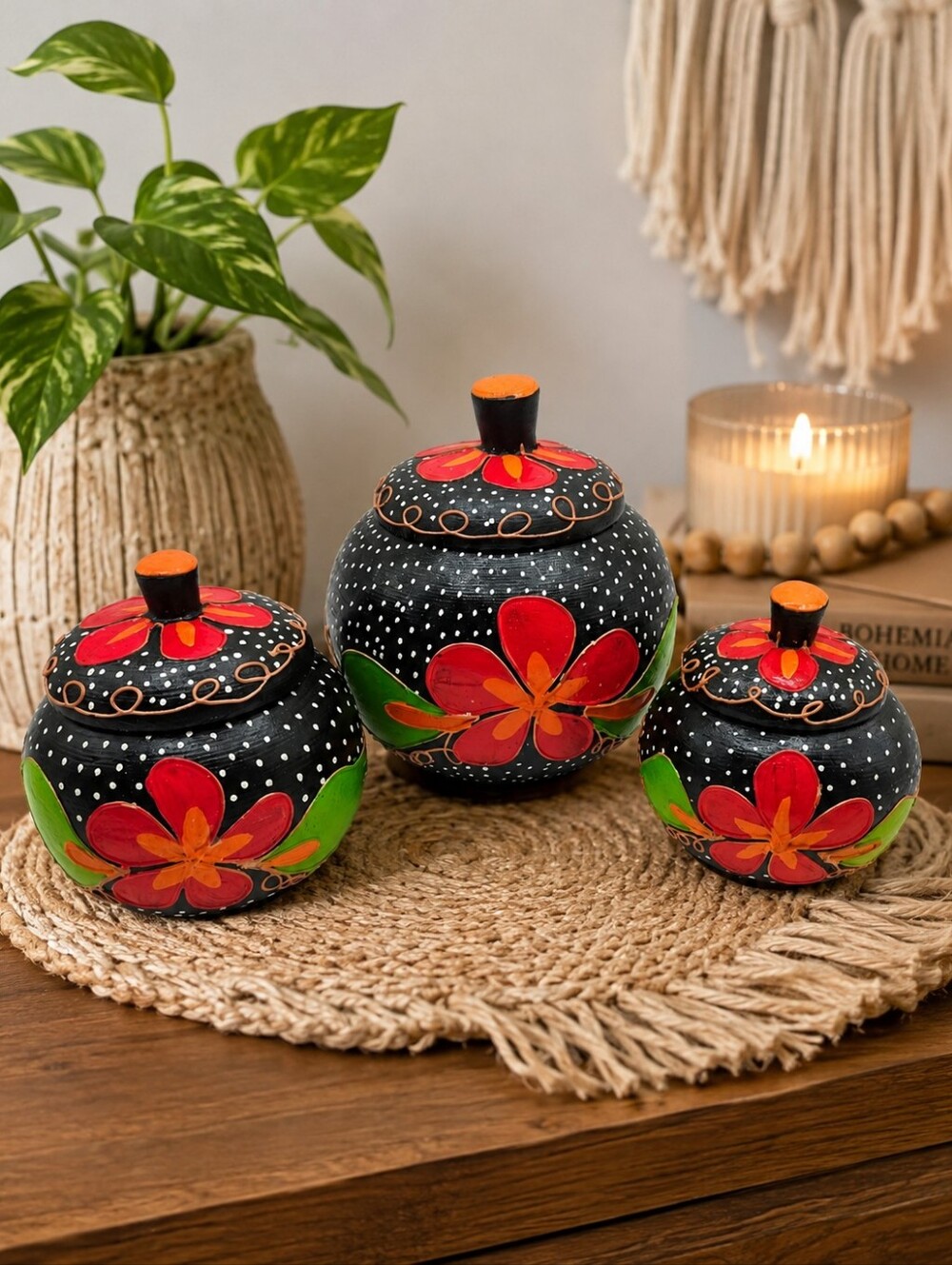 Vintage Balinese Hand Painted Floral Wood Containers , Set of 3